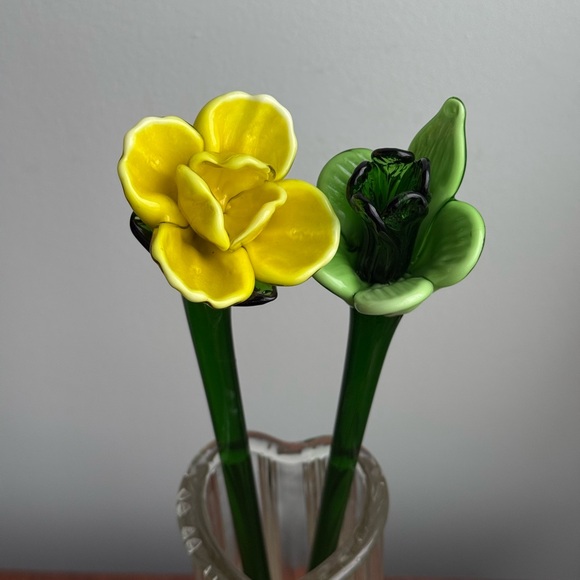 Other - 2 Murano Blown Glass 12” Flowers Yellow Green Vintage Decor